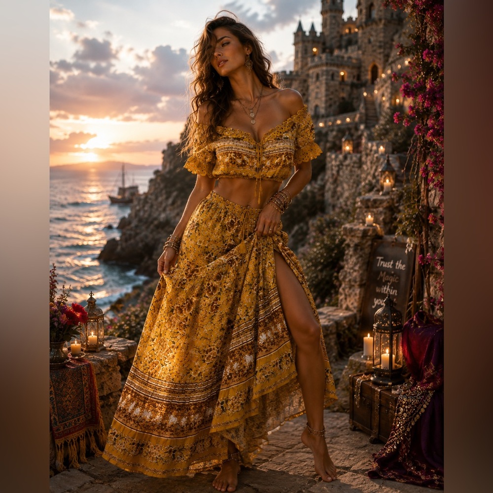 New Solitaire Bohemian Yellow Floral Maxi Skirt and Top set M